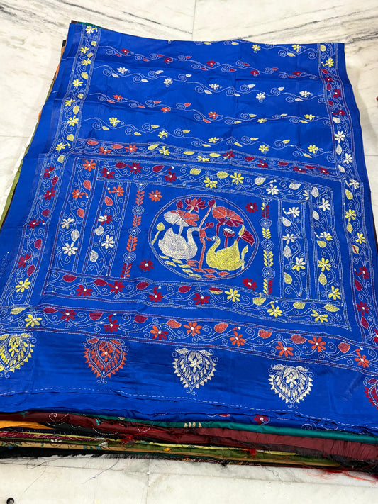 Blended Bangalore Silk Hand Crafted Kantha Stitch Saree
