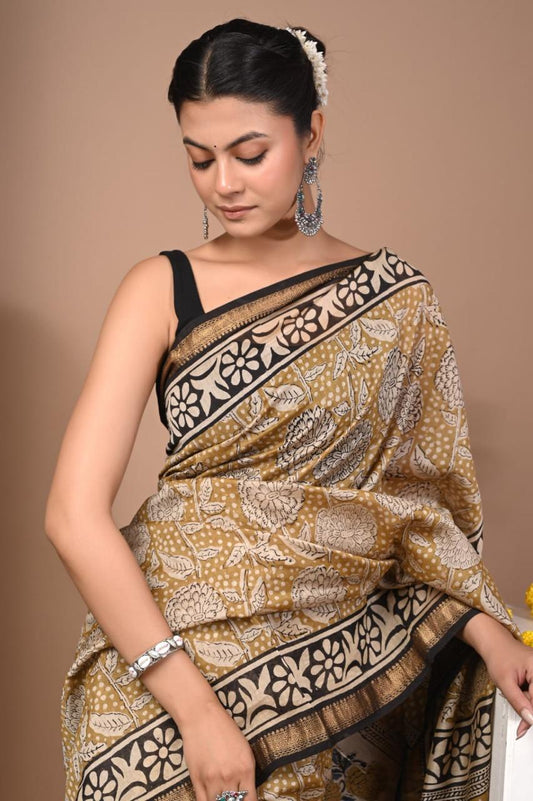Natural Color Hand Block Print Saree