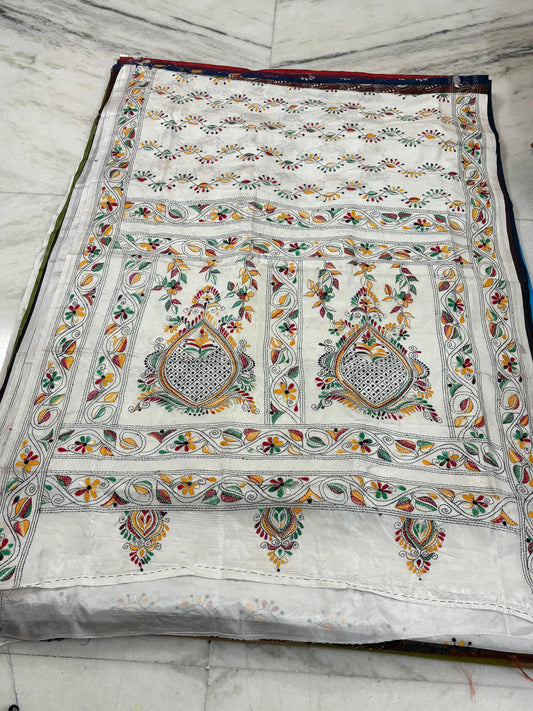 Blended Bangalore Silk Hand Crafted Kantha Stitch Saree