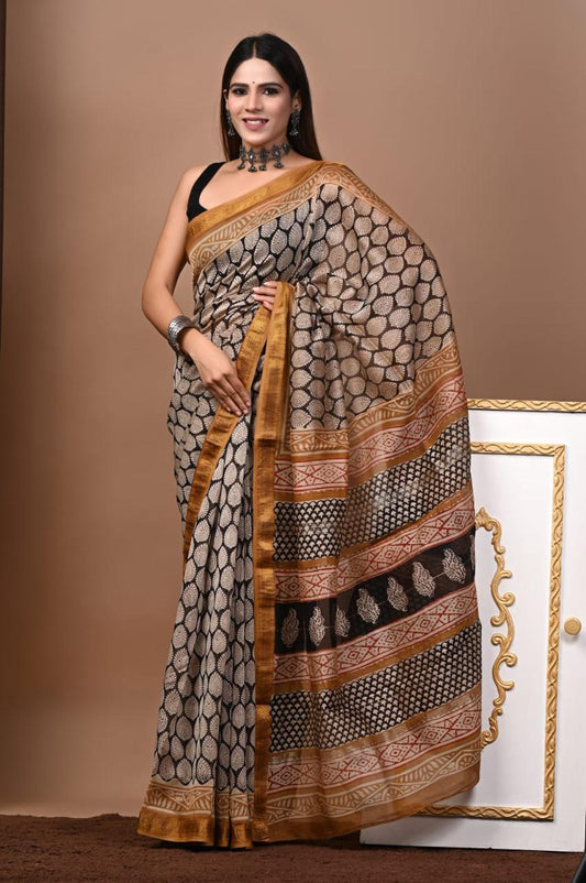 Natural Color Hand Block Print Saree