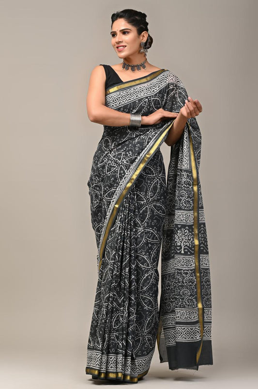 Hand Block Printing Saree on Cotton Zari