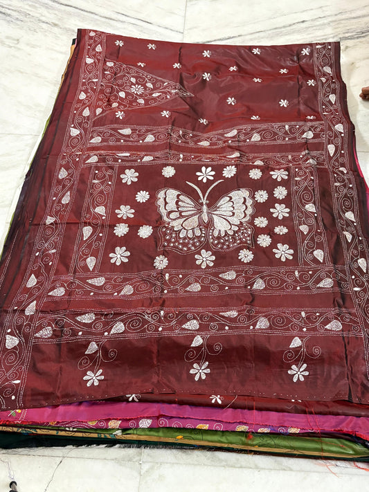 Blended Bangalore Silk Hand Crafted Kantha Stitch Saree