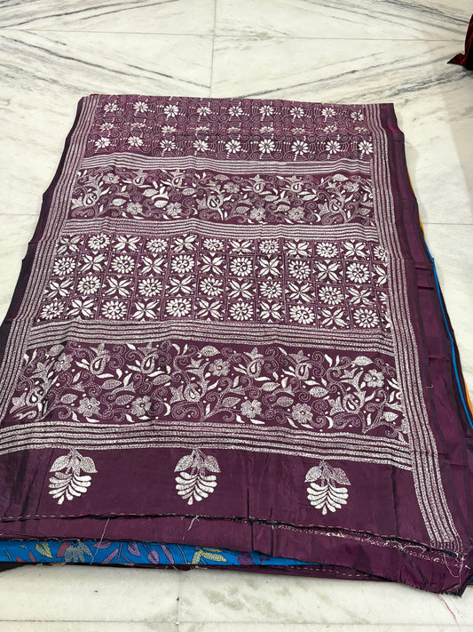 Blended Bangalore Silk Hand Crafted Kantha Stitch Saree