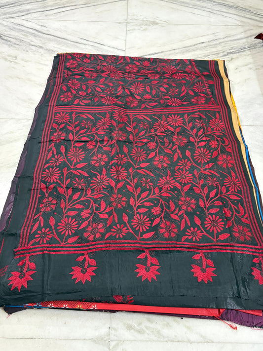 Blended Bangalore Silk Hand Crafted Kantha Stitch Saree