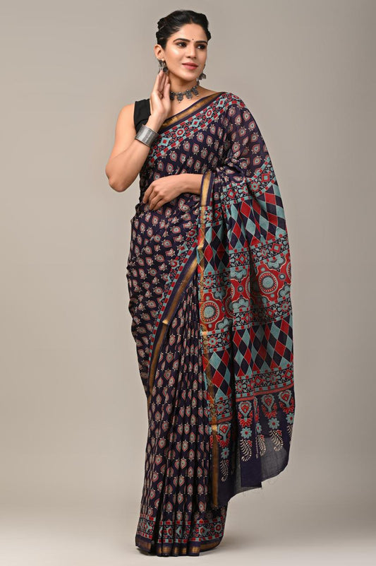 Hand Block Printing Saree on Cotton Zari
