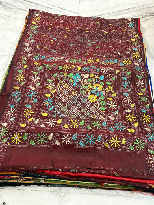 Blended Bangalore Silk Hand Crafted Kantha Stitch Saree