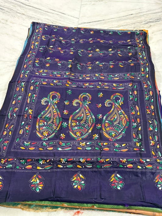 Blended Murshidabad Silk Hand Crafted Kantha Stitch Saree