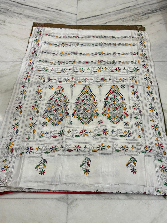 Blended Murshidabad Silk Hand Crafted Kantha Stitch Saree