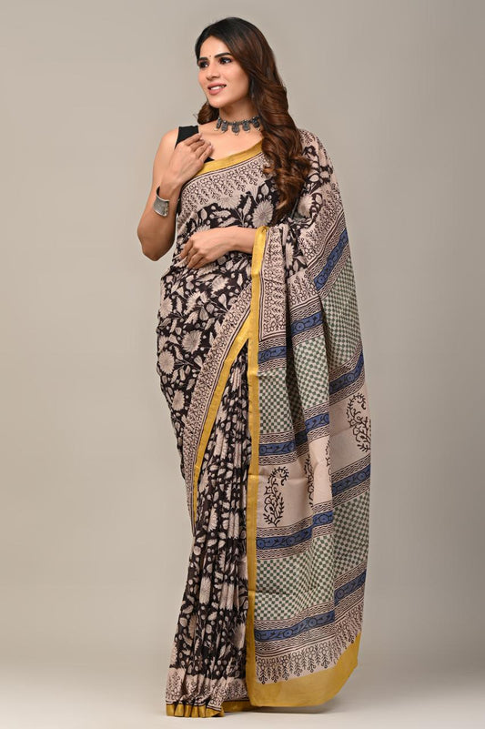 Hand Block Printing Saree on Cotton Zari