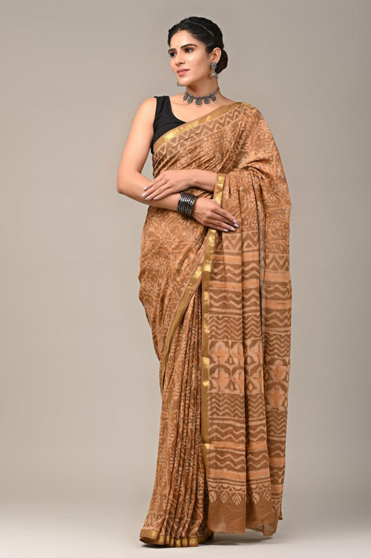 Hand Block Printing Saree on Cotton Zari