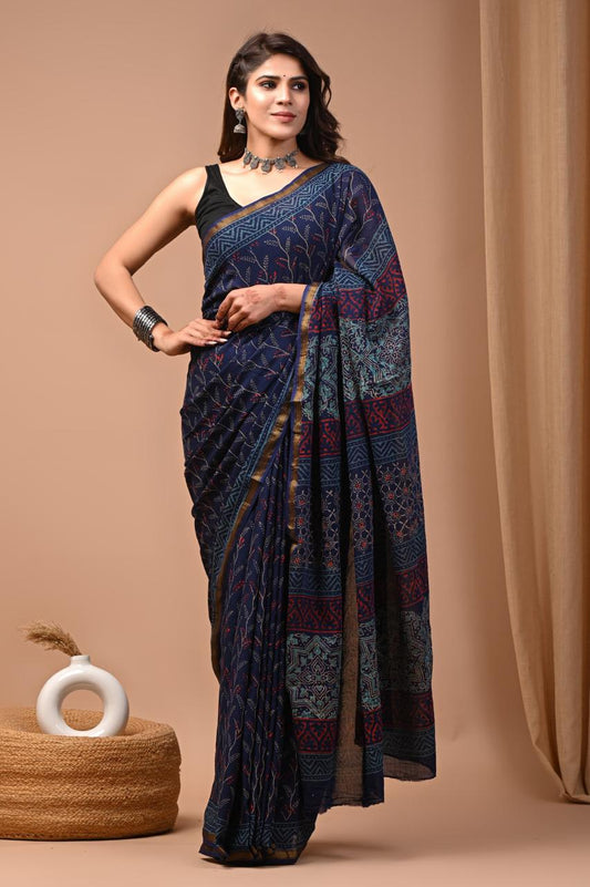 Hand Block Printing Saree on Cotton Zari