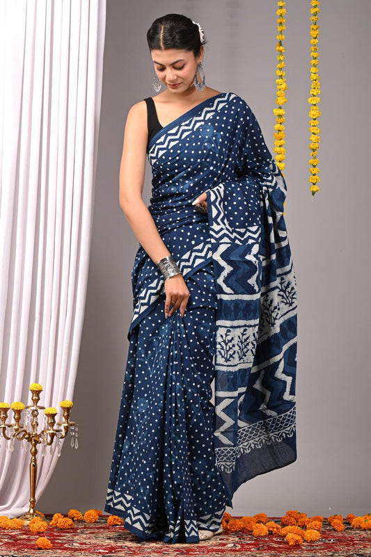 Hand Block Printing Saree with Indigo Dyes