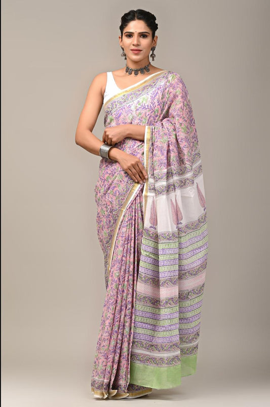 Hand Block Printing Saree on Cotton Zari