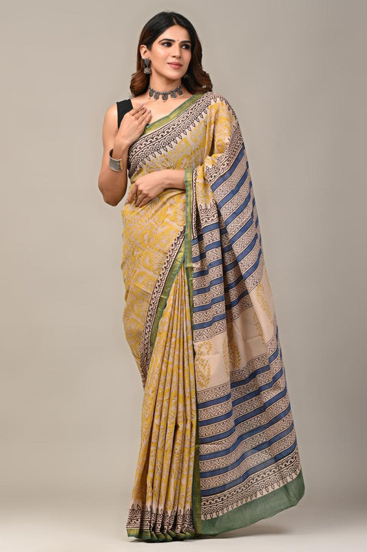 Hand Block Printing Saree on Cotton Zari