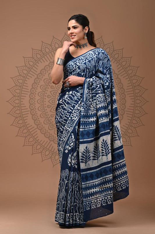 Hand Block Printing Saree with Indigo Dyes