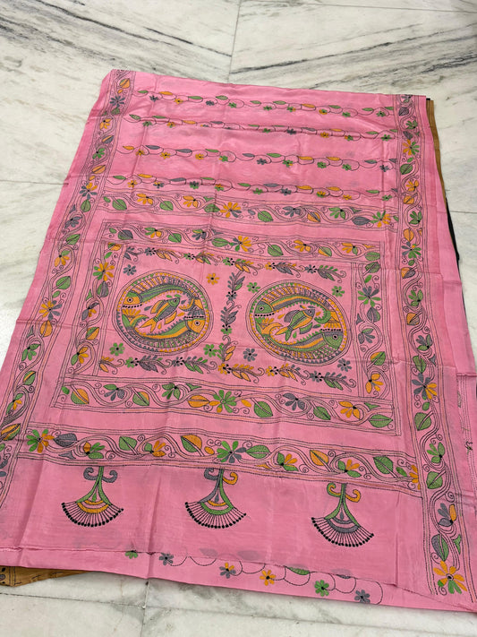 Blended Murshidabad Silk Hand Crafted Kantha Stitch Saree