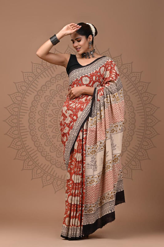 Natural Color Hand Block Print Saree