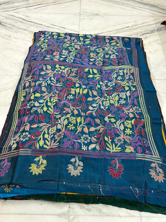 Blended Bangalore Silk Hand Crafted Kantha Stitch Saree