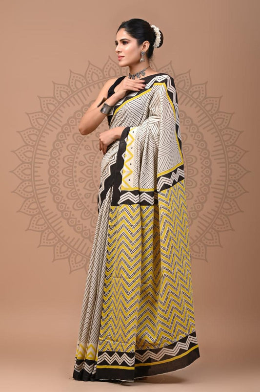 Natural Color Hand Block Print Saree