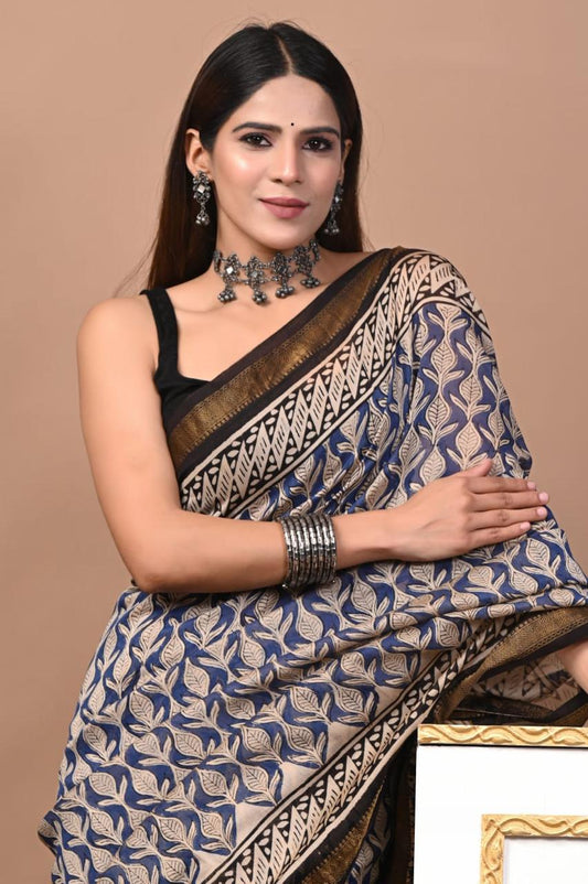 Natural Color Hand Block Print Saree