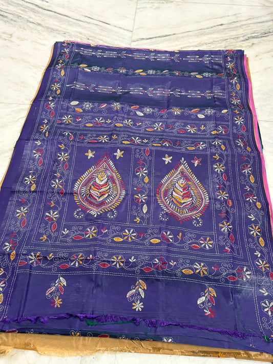 Blended Murshidabad Silk Hand Crafted Kantha Stitch Saree
