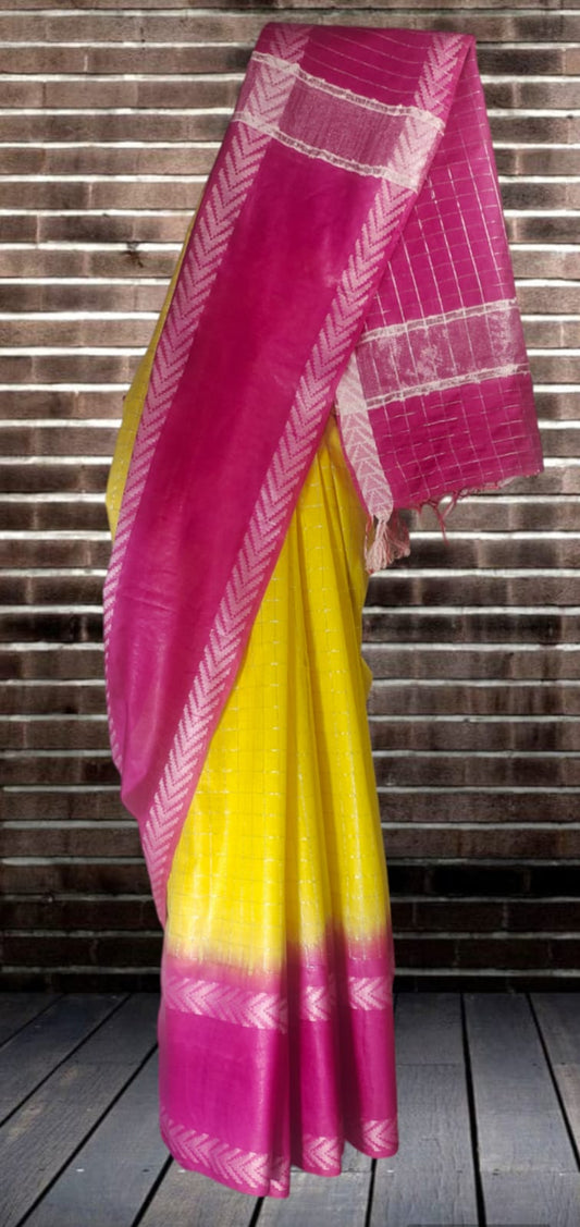 Mini Checks Kota Silk Saree With Hand Shibori