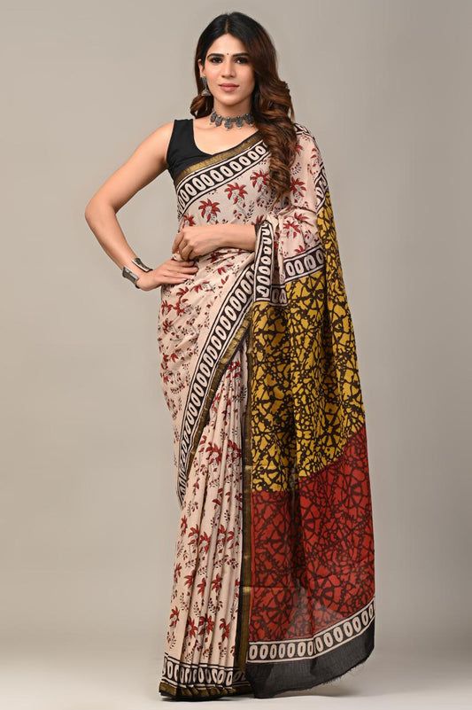 Hand Block Printing Saree on Cotton Zari
