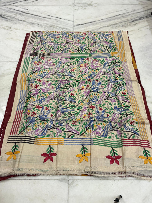 Pure Gachhi Tussar Handicrafts Kantha Stitch Saree