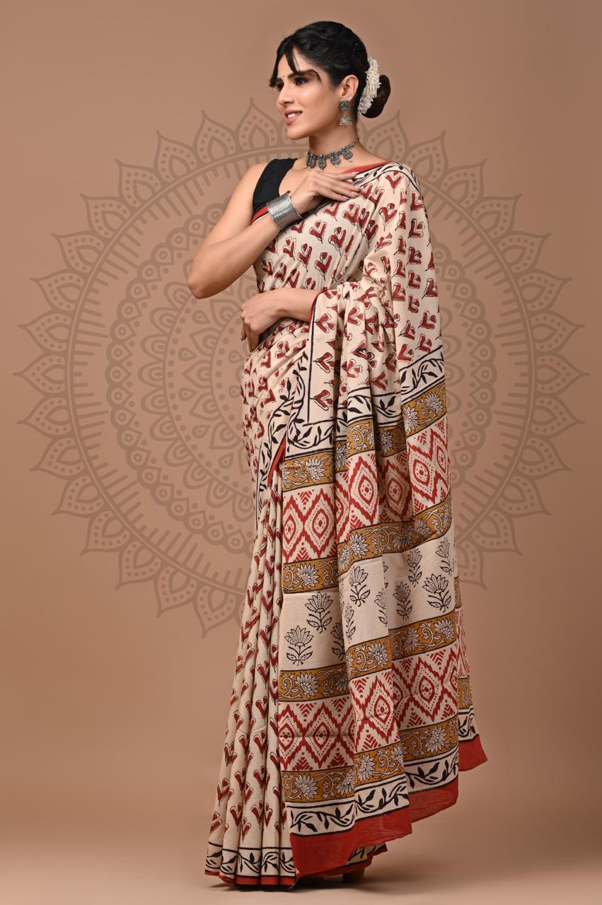 Natural Color Hand Block Print Saree