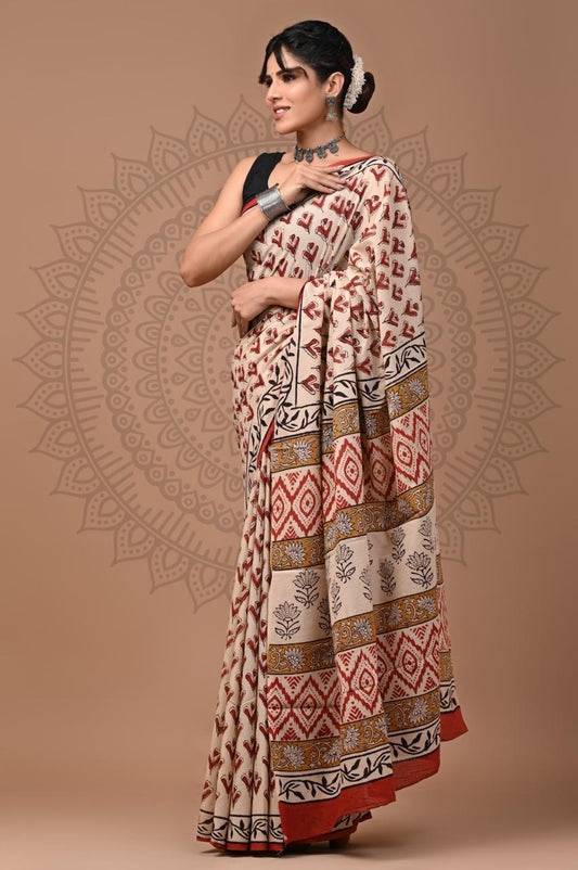 Natural Color Hand Block Print Saree