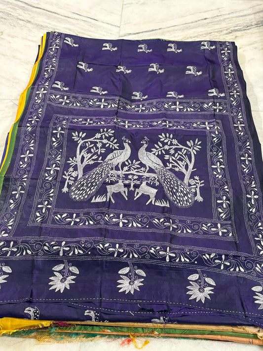 Blended Murshidabad Silk Hand Crafted Kantha Stitch Saree