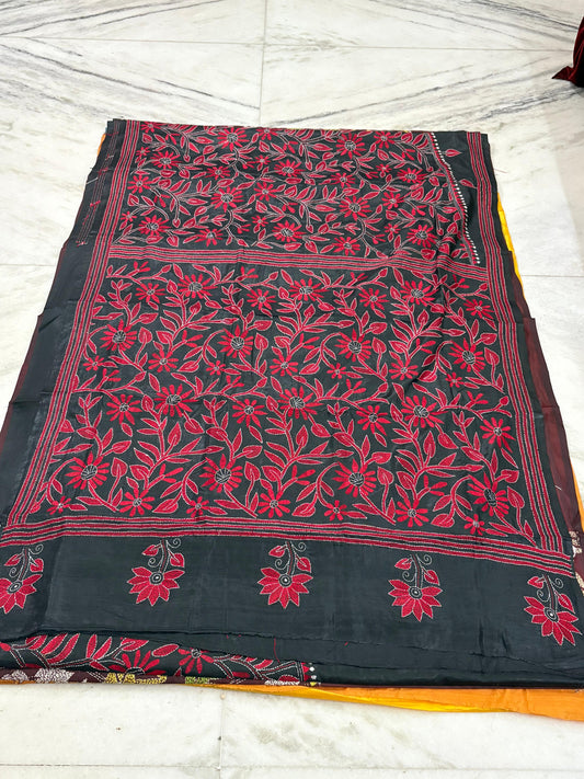 Blended Bangalore Silk Hand Crafted Kantha Stitch Saree
