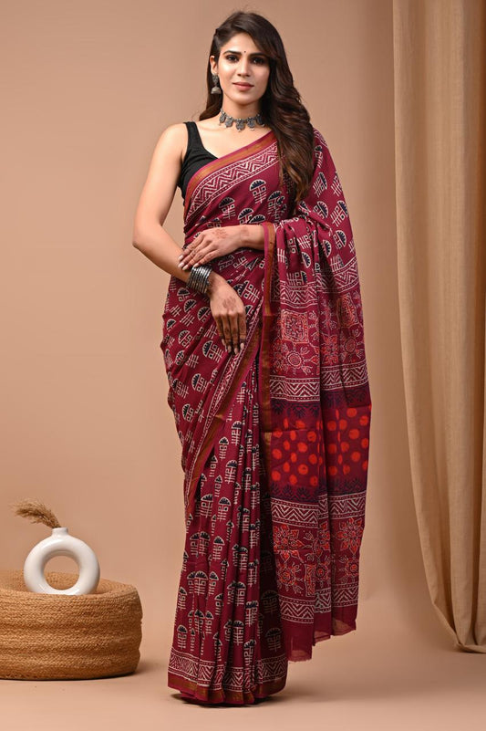 Hand Block Printing Saree on Cotton Zari