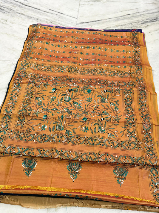 Blended Murshidabad Silk Hand Crafted Kantha Stitch Saree