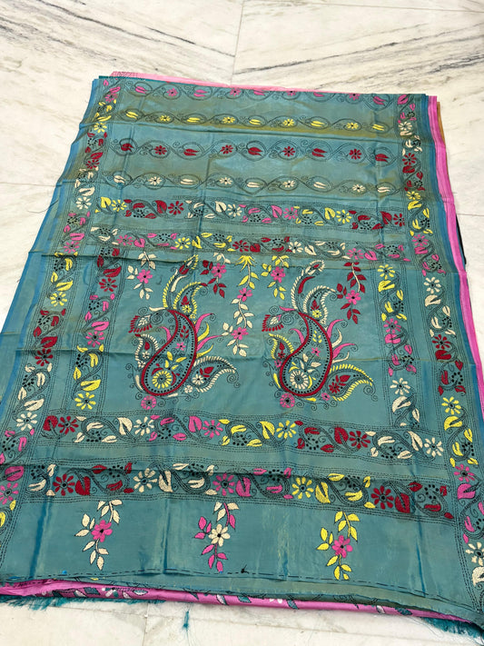 Blended Murshidabad Silk Hand Crafted Kantha Stitch Saree