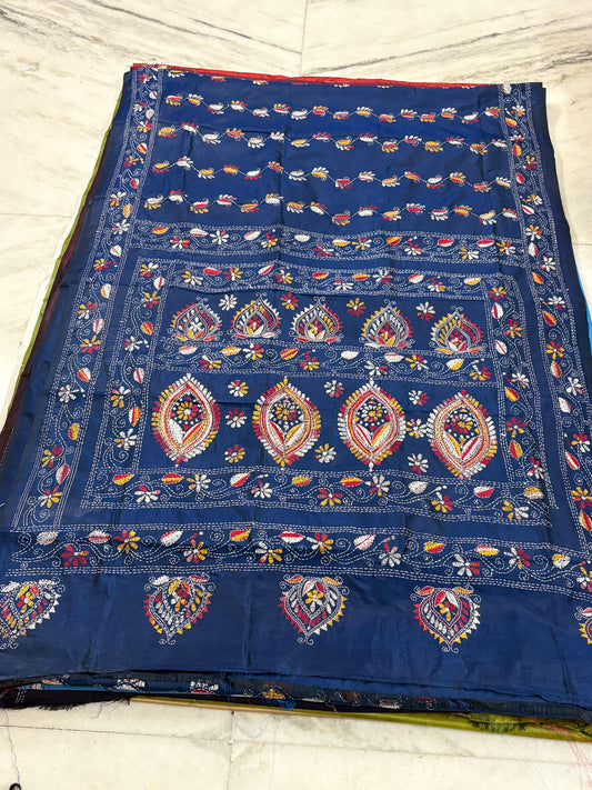 Blended Bangalore Silk Hand Crafted Kantha Stitch Saree