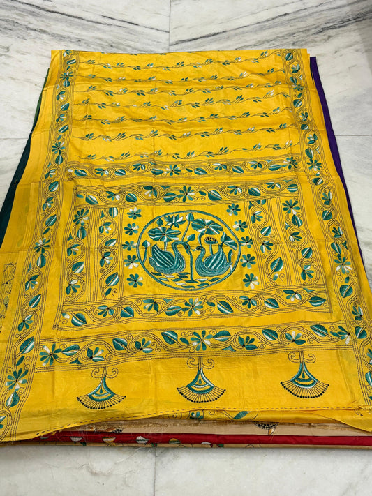 Blended Murshidabad Silk Hand Crafted Kantha Stitch Saree