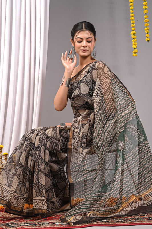 Hand Block Printing Saree on Kota Silk