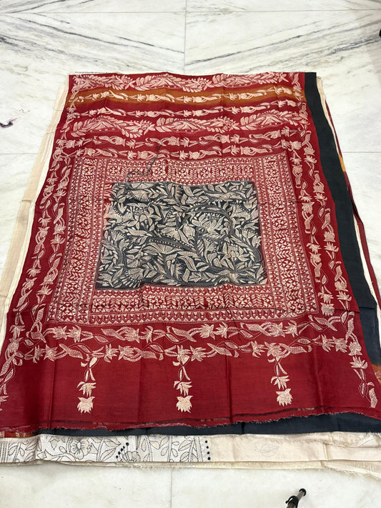 Pure Gachhi Tussar Handicrafts Kantha Stitch Saree