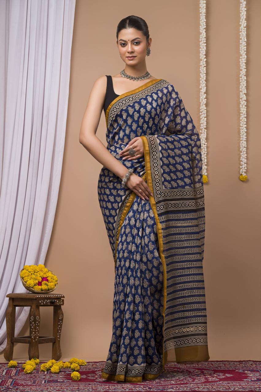 Hand Block Print Saree on Chanderi Silk