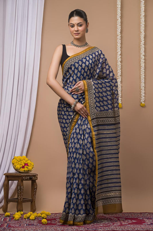 Hand Block Print Saree on Chanderi Silk