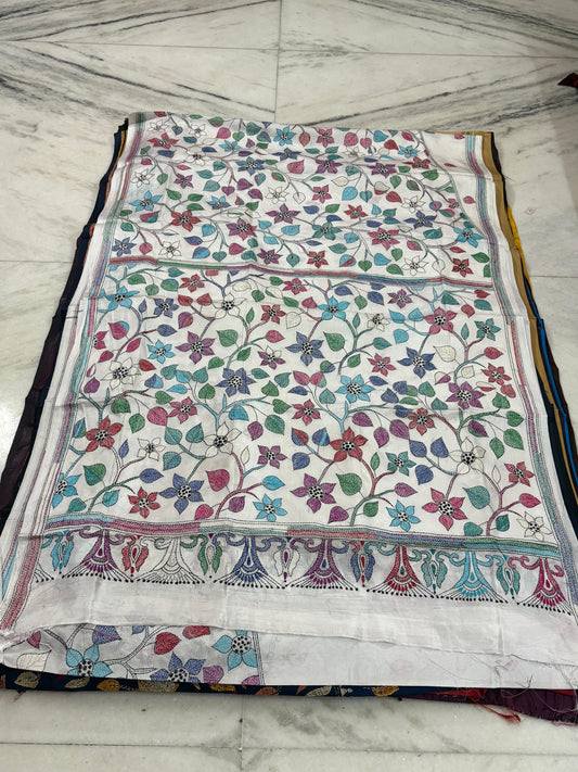 Blended Bangalore Silk Hand Crafted Kantha Stitch Saree