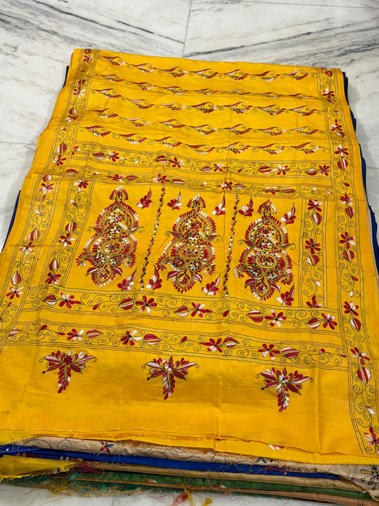 Blended Murshidabad Silk Hand Crafted Kantha Stitch Saree