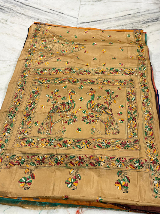Blended Murshidabad Silk Hand Crafted Kantha Stitch Saree