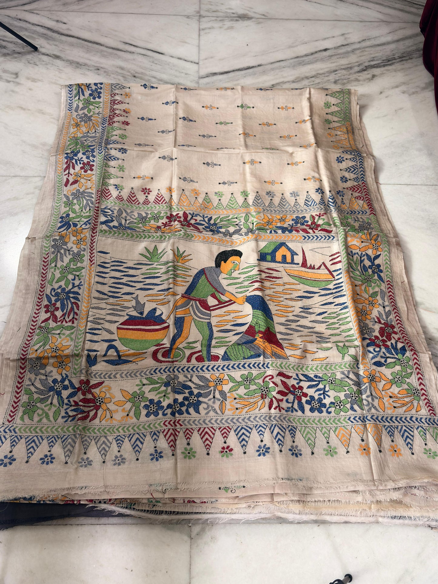 Pure Gachhi Tussar Handicrafts Kantha Stitch Saree