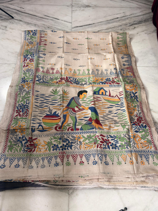 Pure Gachhi Tussar Handicrafts Kantha Stitch Saree