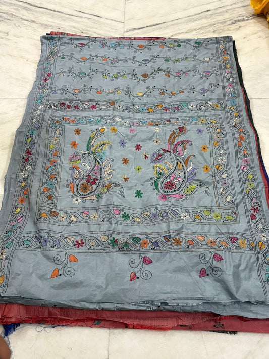 Blended Murshidabad Silk Hand Crafted Kantha Stitch Saree