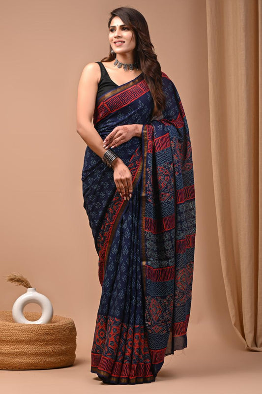 Hand Block Printing Saree on Cotton Zari
