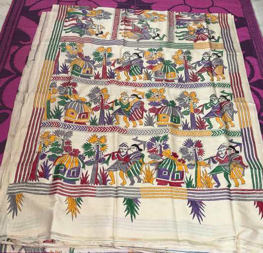 Korean Tussar Handicrafts Kantha Stitch Saree