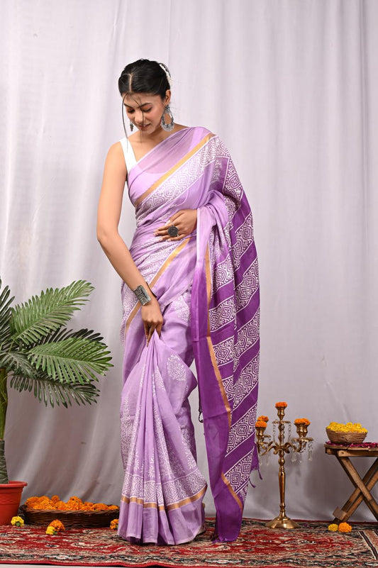 Assam Silk Saree with Hand Block Printing Craft